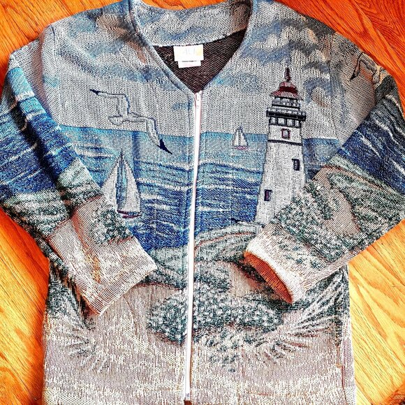 Vintage Art Unlimited Coastal Lighthouse Full-Zip Sweater Size M - Picture 1 of 14